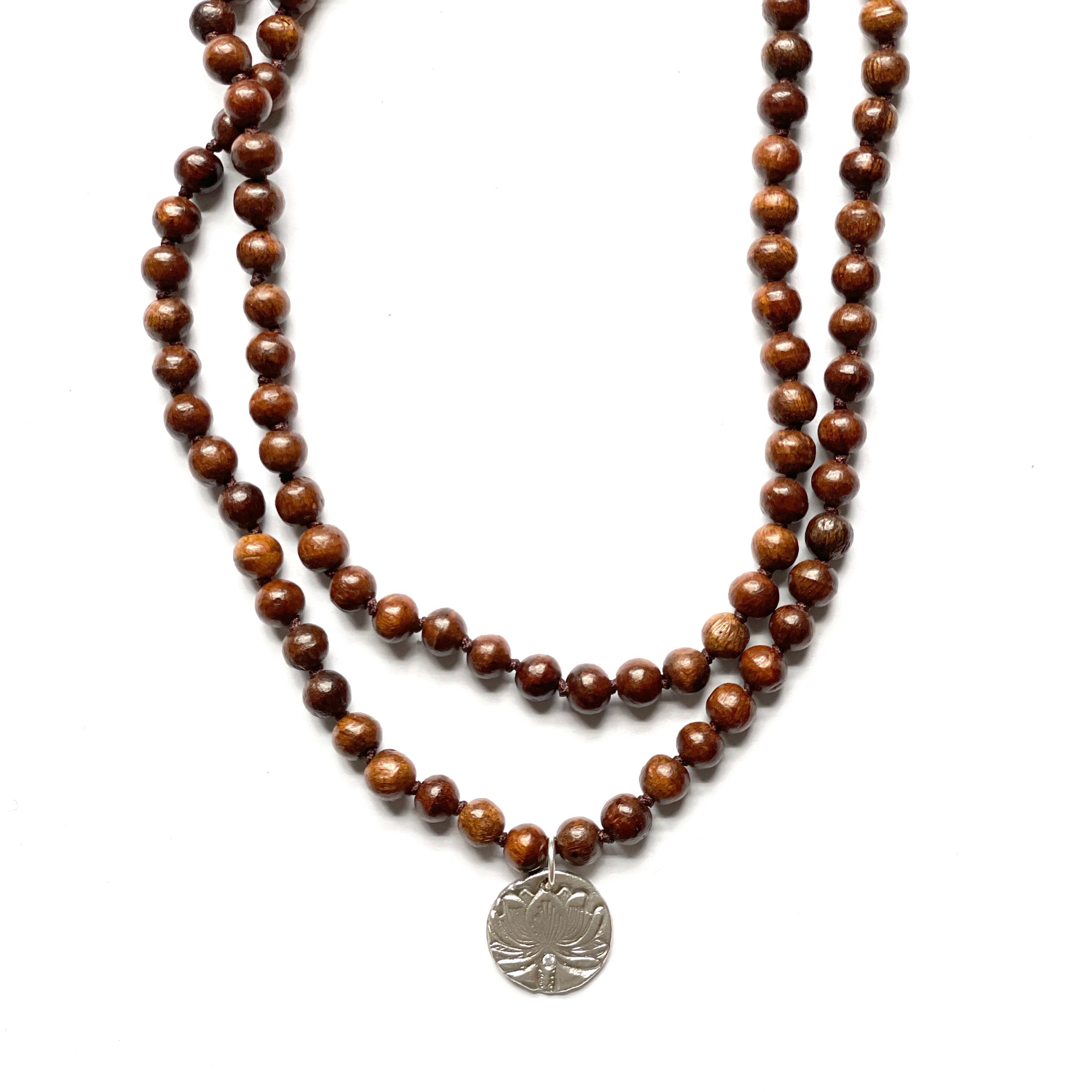 Brown Wood Bead Necklace Lotus Flower Charm Silver