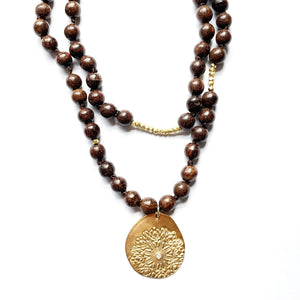 Brown Wood Bead Necklace Fireworks Charm Gold