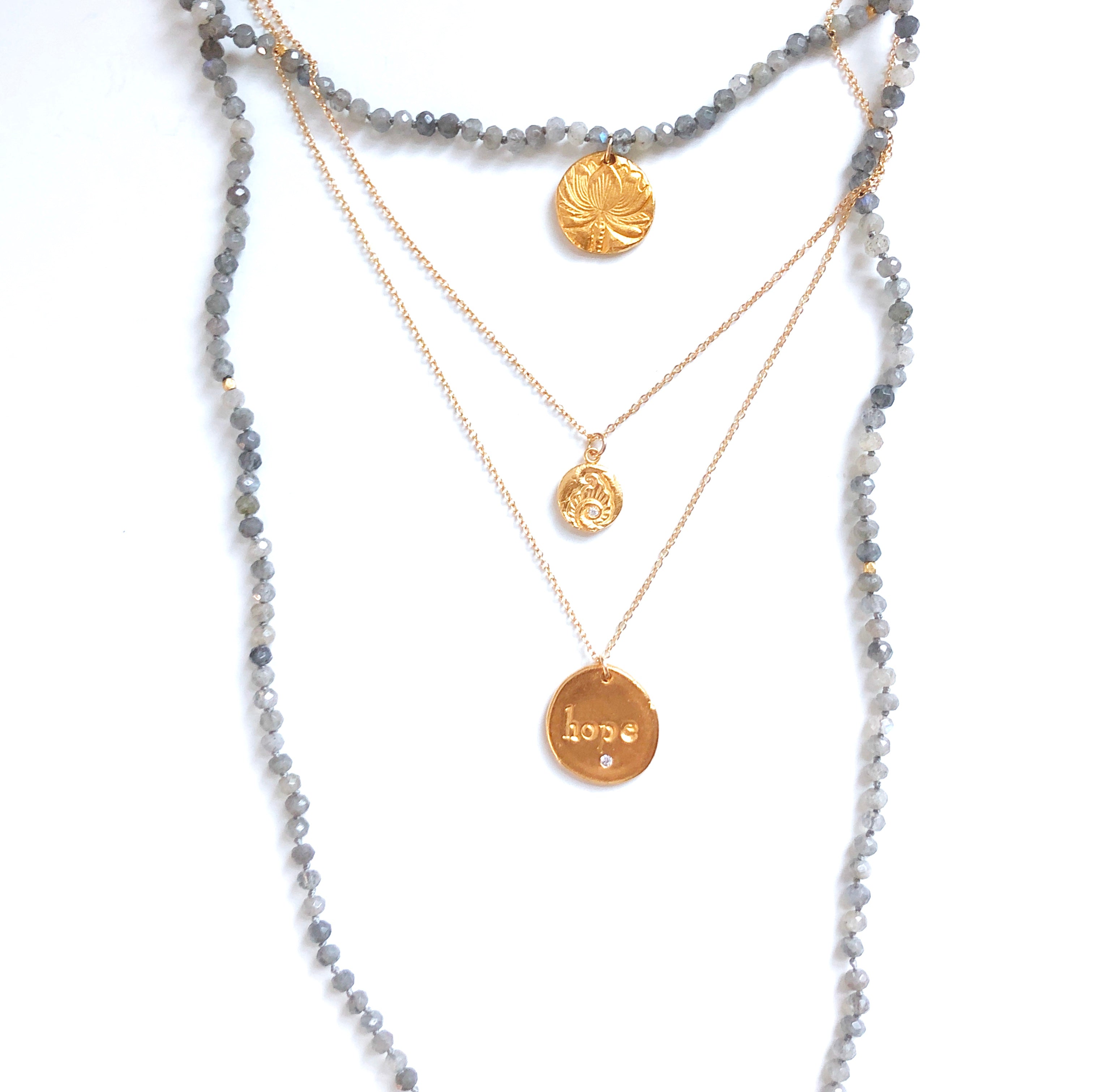 Labradorite Long Beaded Necklace, Small beads, Lotus Charm Gold - MAS Designs