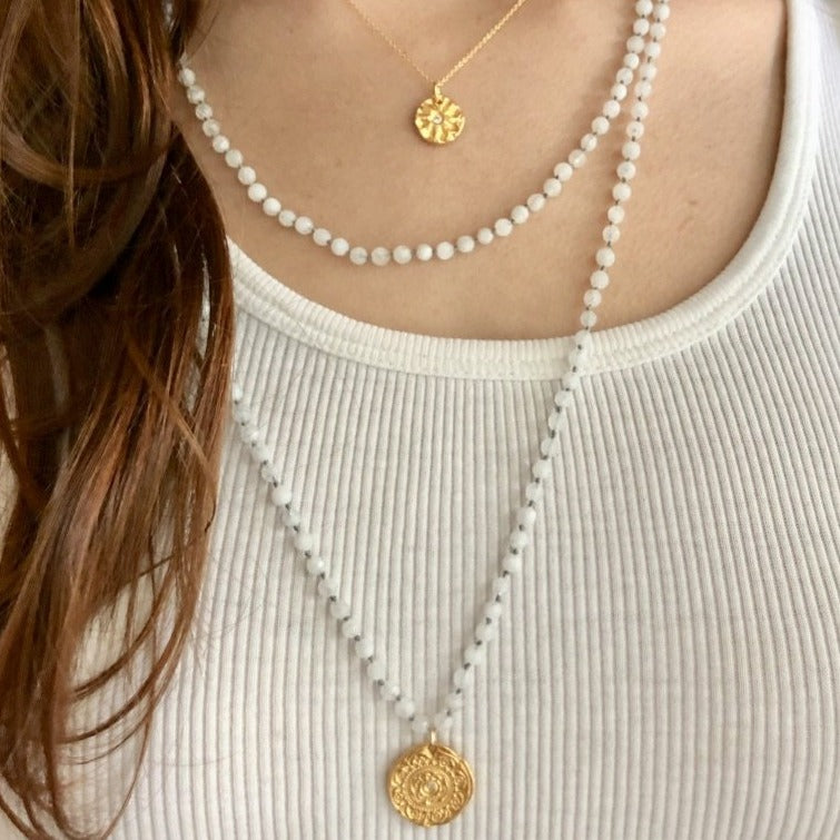 Labradorite Long Beaded Necklace, Small beads, Lotus Charm Gold - MAS Designs