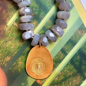 Gray Agate Bead and Leather Necklace Charm Gold