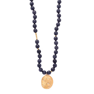 Navy Blue Agate Long Beaded Necklace, Large Beads, Charm Gold - MAS Designs