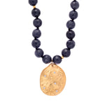 Navy Blue Agate Long Beaded Necklace, Large Beads, Charm Gold - MAS Designs