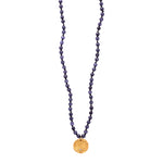Navy Blue Agate Long Beaded Necklace Small Beads Charm Gold - MAS Designs
