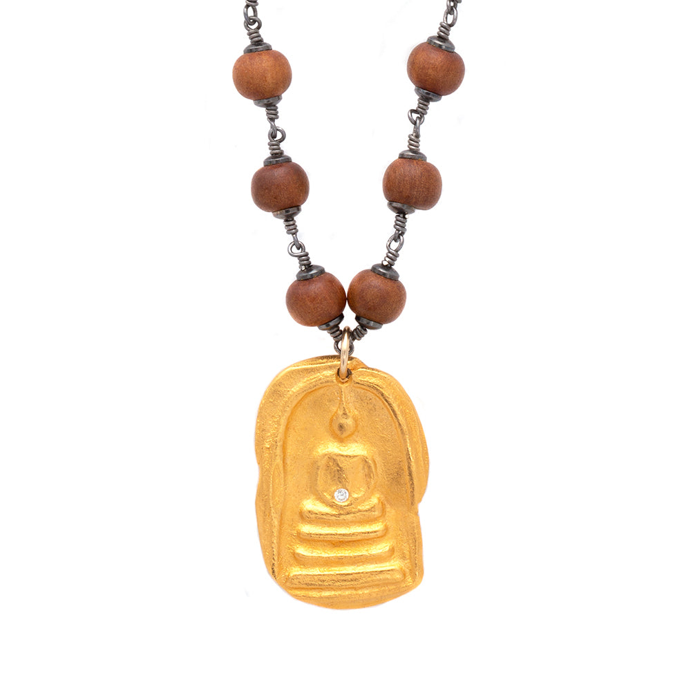 Sandalwood Long Necklace Big Buddha Charm Gold - MAS Designs