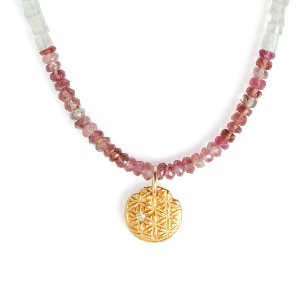 One of a Kind Moonstone and Pink Tourmaline Beaded Necklace 20105