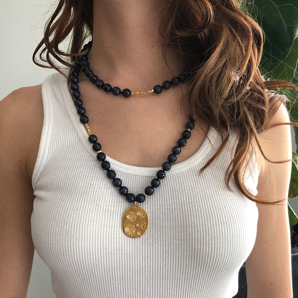 Navy Blue Agate Long Beaded Necklace, Large Beads, Charm Gold - MAS Designs
