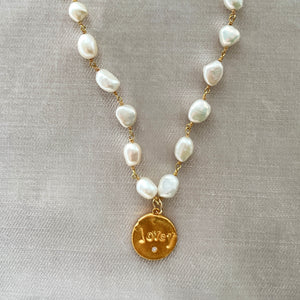 One of a Kind Pearl Necklace Lovey Gold Pendant 20094
