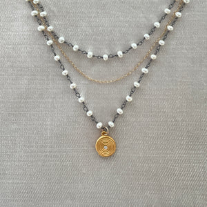 Pearl Chain Triple Layer Necklace Zen Circles Charm Gold