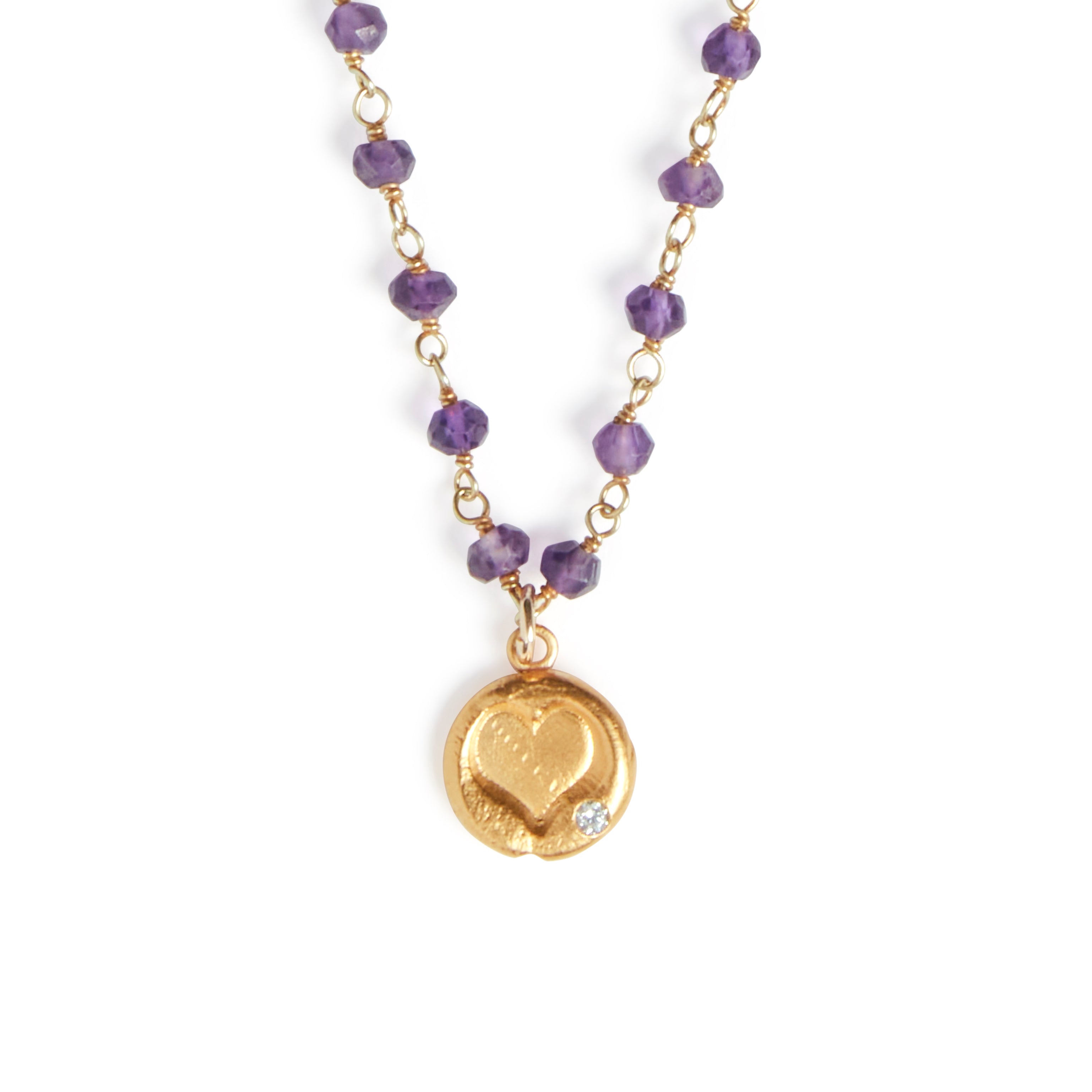Heart Charm on Purple Amethyst Chain Necklace Gold