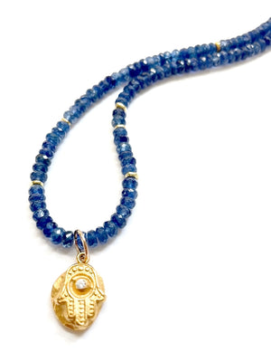 One of a Kind Blue Sapphire Bead Gold Hamsa Charm Necklace