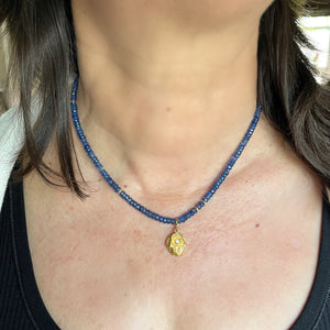 One of a Kind Blue Sapphire Bead Gold Hamsa Charm Necklace