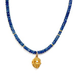 One of a Kind Blue Sapphire Bead Gold Hamsa Charm Necklace