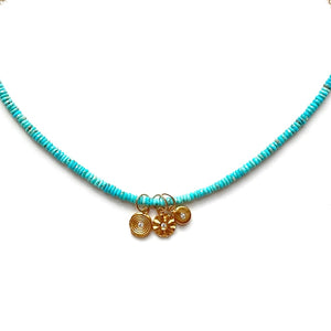 One of a Kind Turquoise Bead Necklace with Gold Charms
