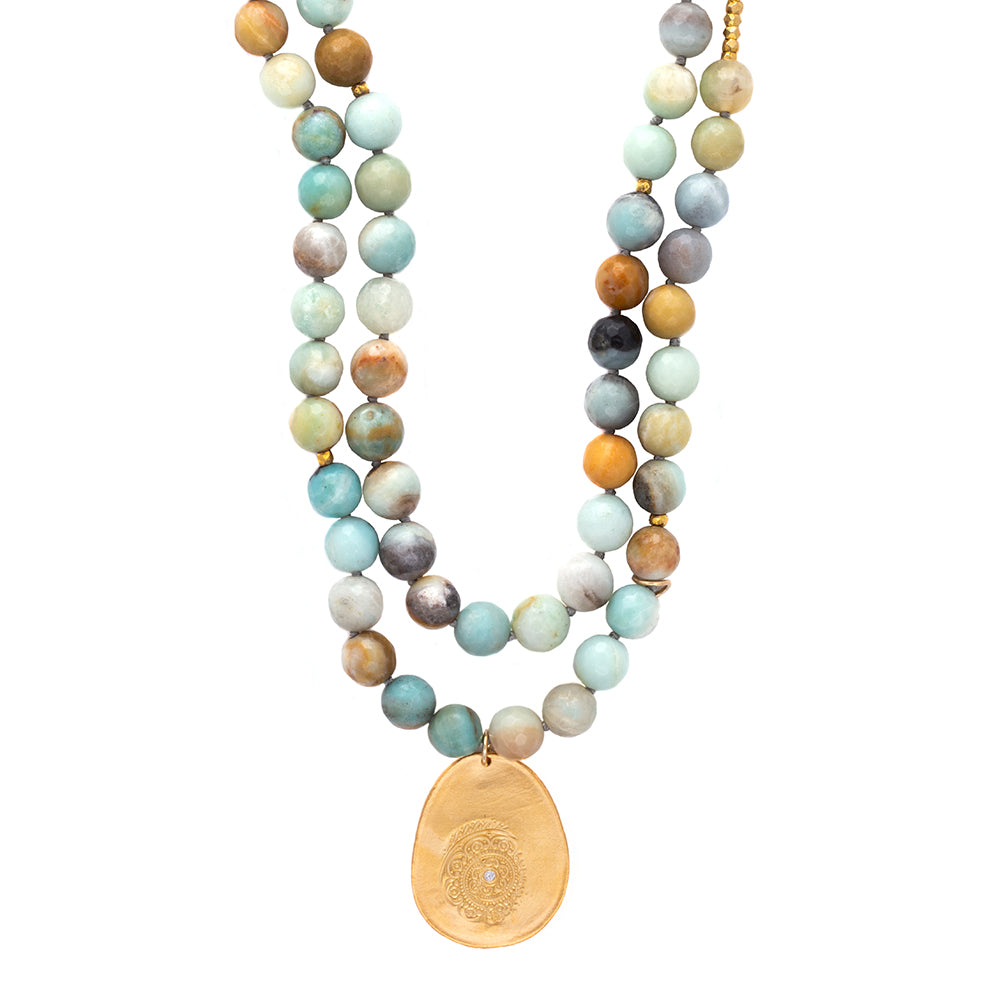 Amazonite Long Beaded Necklace Charm Gold - MAS Designs